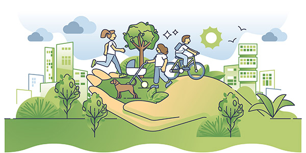 Vector illustration of a large hand cradling a green landscape with people jogging, walking a dog, pushing a stroller, and riding a bicycle set against a city skyline.   